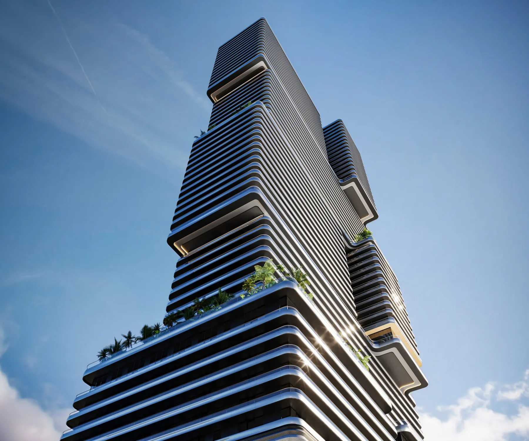 Upshot view of the Mercedes-Benz Places Miami tower and its stepped terraces in Brickell