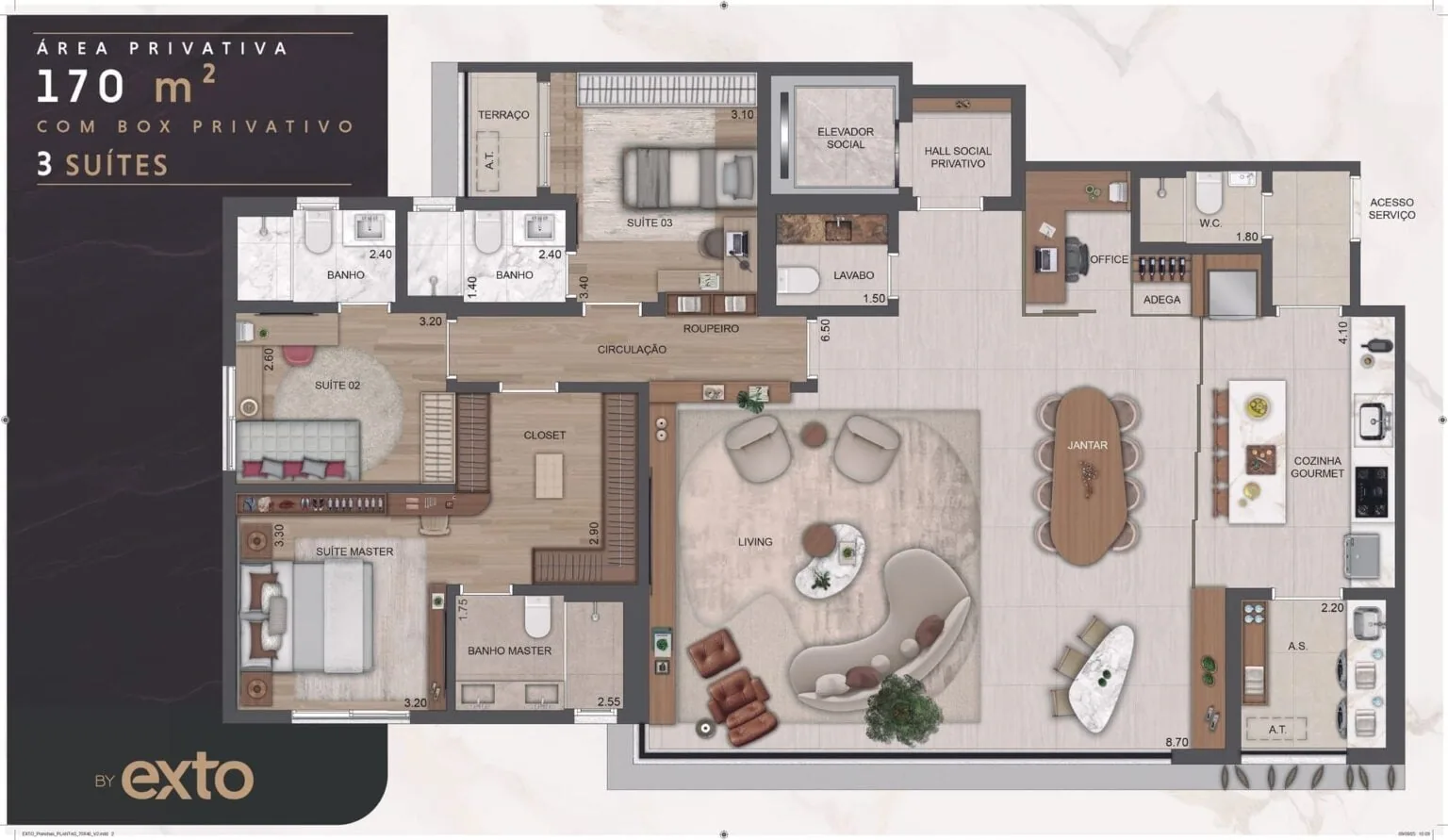 Planta de 170 m² com 3 suítes do The Selection Moema