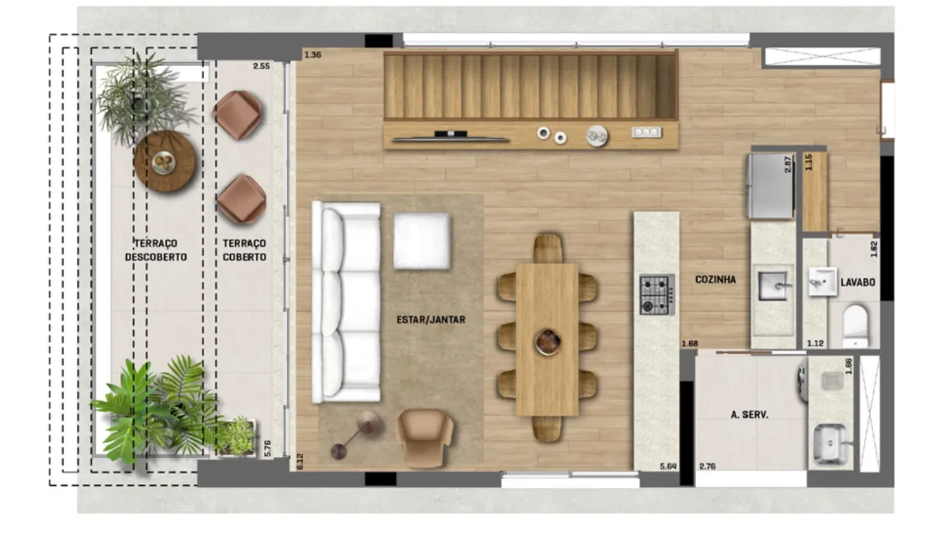 Planta do pavimento superior do duplex do Blend 468, com a área íntima e as suítes