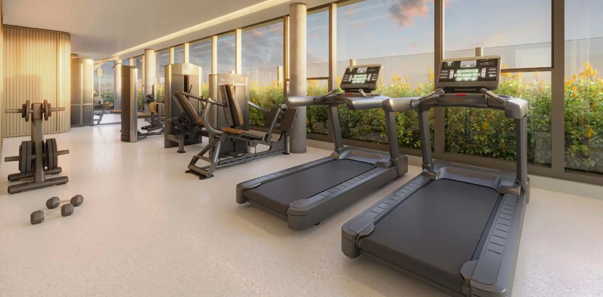 Perspectiva artística do fitness do Bioarq Pinheiros, com equipamentos de musculação e cardio e área externa integrada de treino ao ar livre