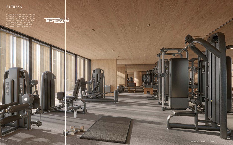 Fitness center equipado do Autór Jardins, com aparelhos de musculação e vidros amplos