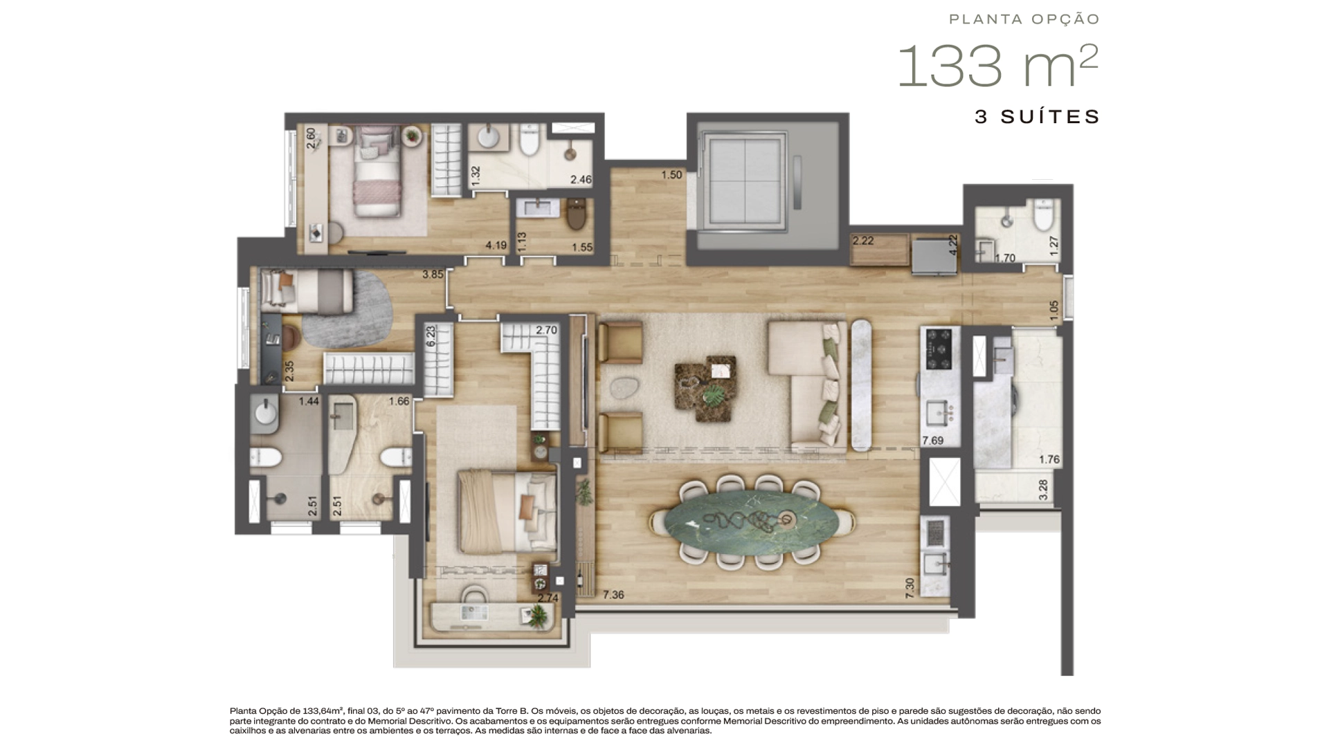 Planta opção de 133 m² com 3 suítes do Jardim da Hípica Lavvi