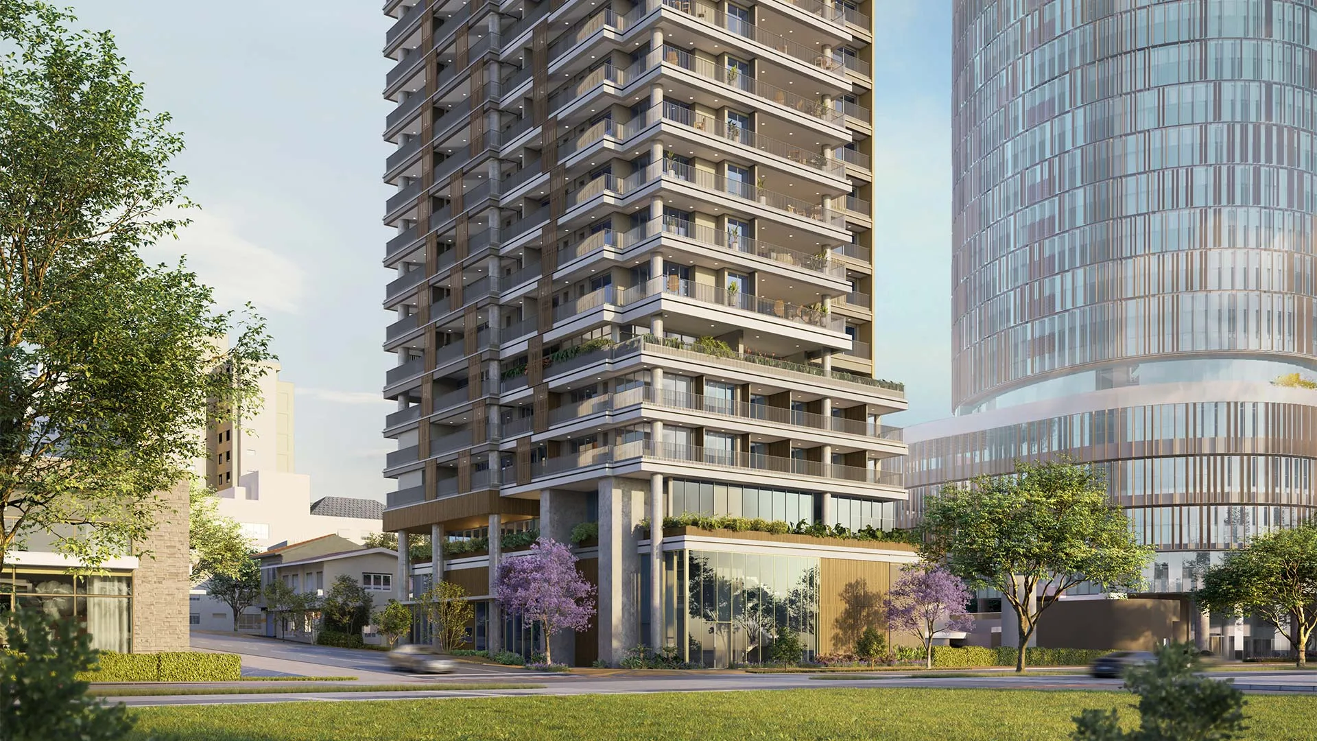 Perspectiva ilustrativa da fachada principal do Platz450, torre residencial de 26 pavimentos na esquina da Avenida Rebouças com a Rua Cônego Eugênio Leite, em Pinheiros, com caixilhos amplos e varandas niveladas