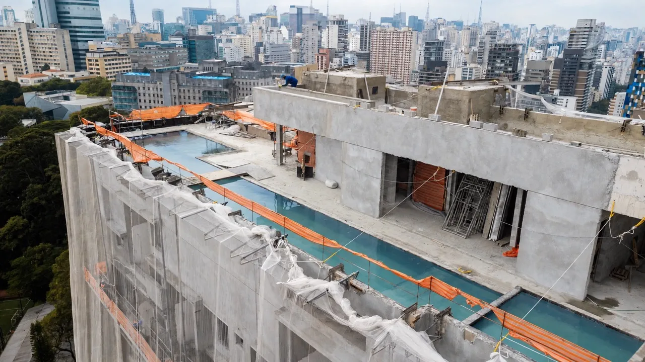 Foto real da obra do rooftop do Artur 73, com a estrutura da piscina de 25 metros e a laje de lazer já executadas no topo do edifício