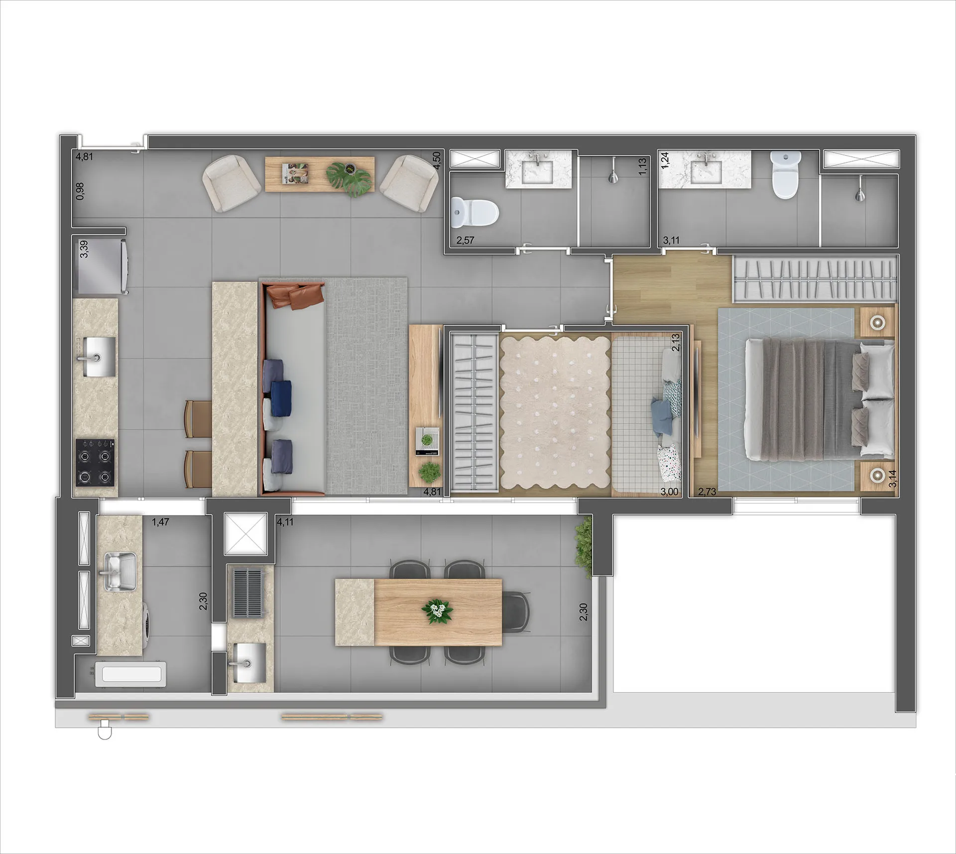 Planta do apartamento de 71 m² do 737 Pedroso, com 2 dormitórios, 1 suíte e terraço gourmet
