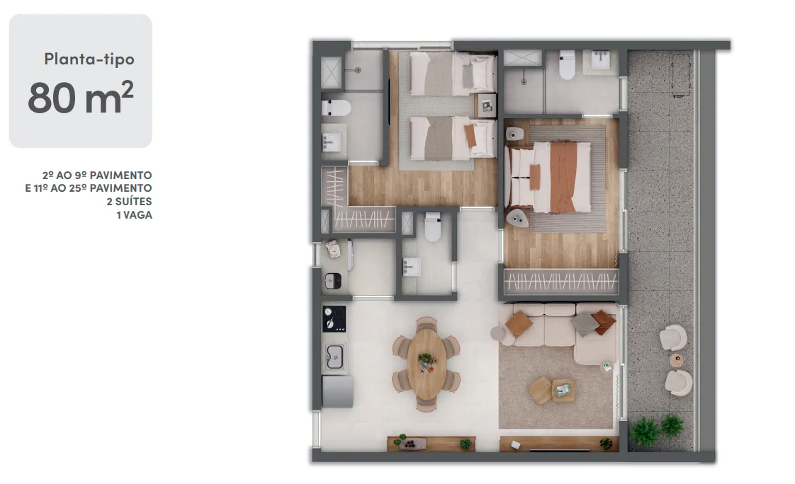 Planta do apartamento tipo de 80 m² do Oliie 117, com living, suítes, cozinha e área de serviço