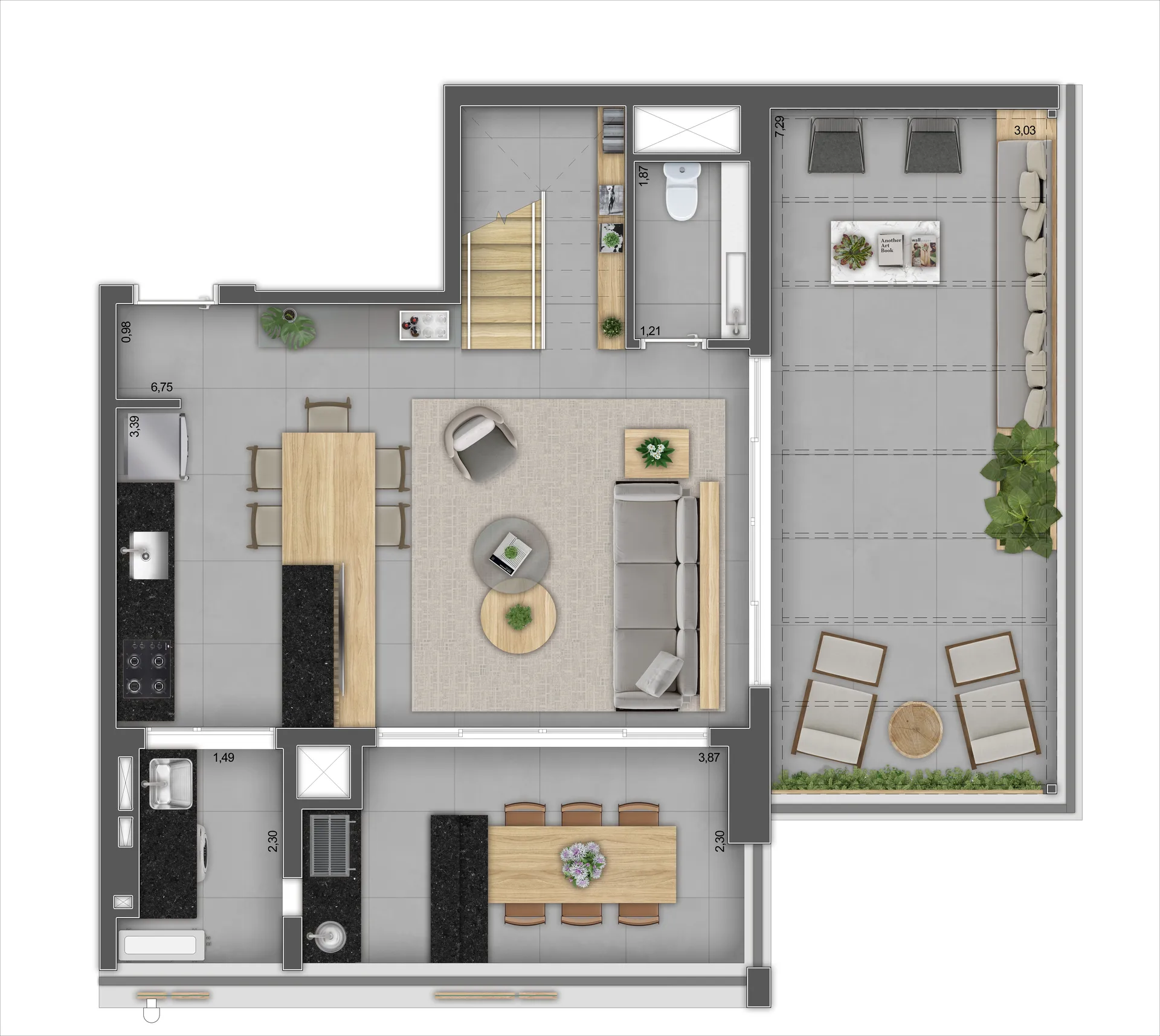 Planta do duplex de 138 m² do 737 Pedroso, pavimento inferior, com área social integrada