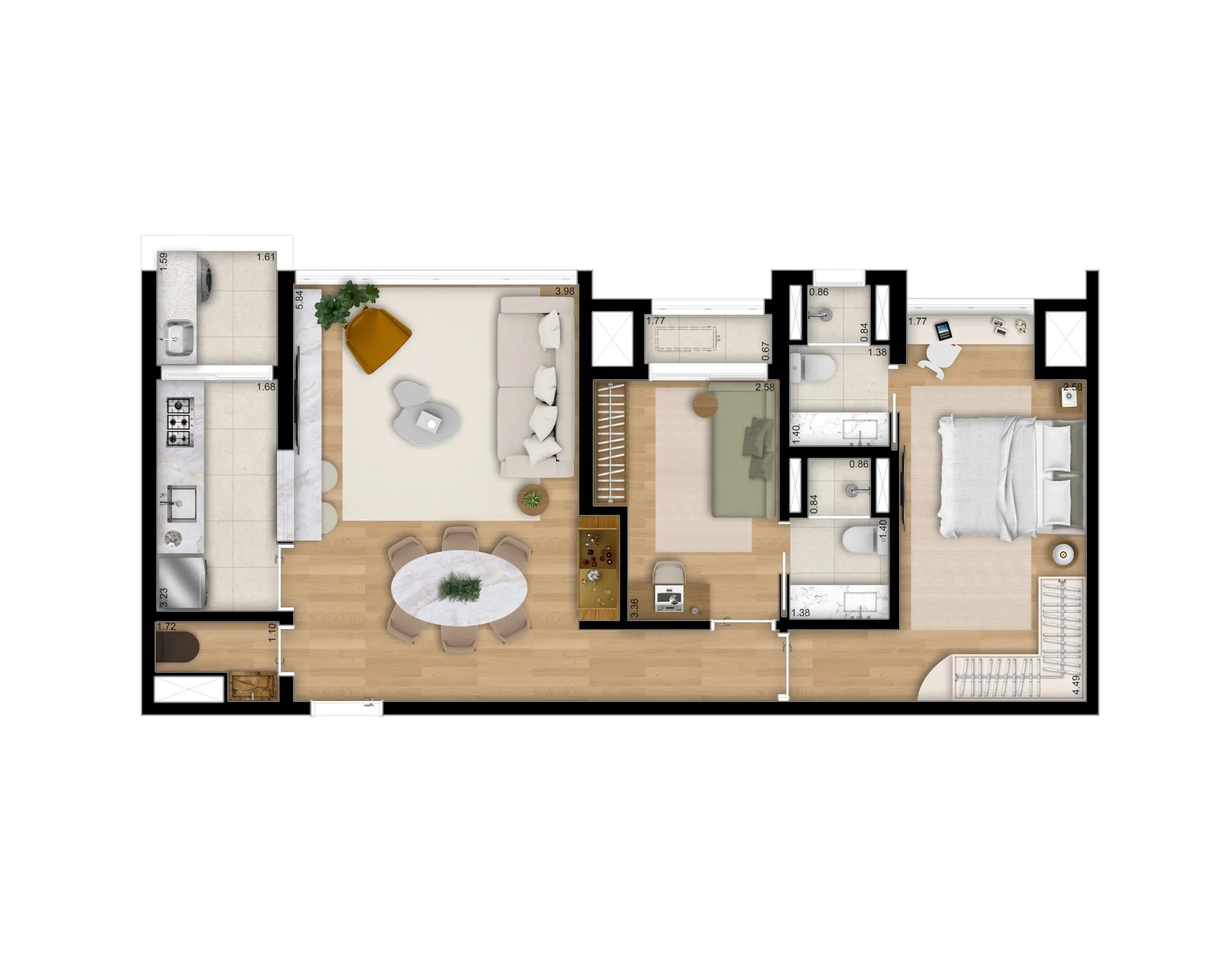 Planta oficial da tipologia B do Artur 73, apartamento de 81 m² com 2 suítes, living integrado à varanda e 1 vaga privativa