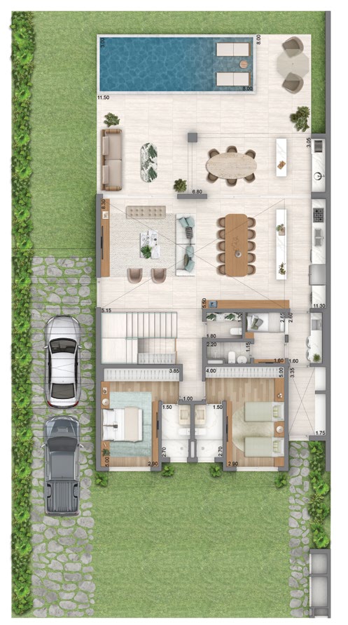Planta do pavimento térreo da Villa Riviera de 367 m², com garagem, living, suítes e piscina