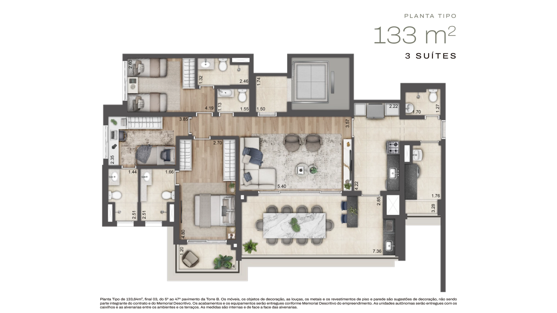 Planta tipo de 133 m² com 3 suítes do condomínio Jardim da Hípica
