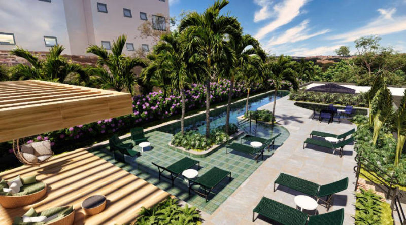 Perspectiva ilustrativa da piscina descoberta com deck molhado e pool house do Edge Pinheiros, em Pinheiros