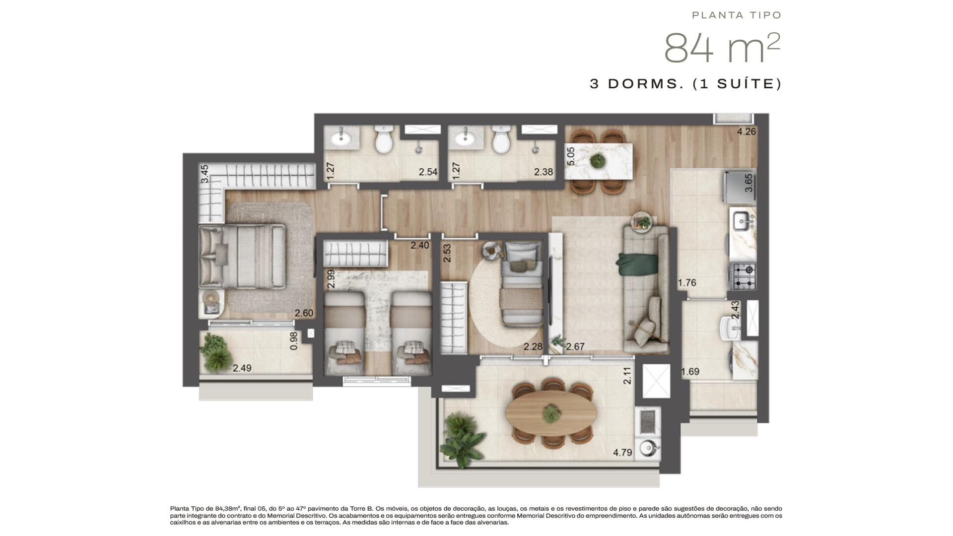 Planta tipo de 84 m² com 3 dormitórios, sendo 1 suíte, do Jardim da Hípica Lavvi