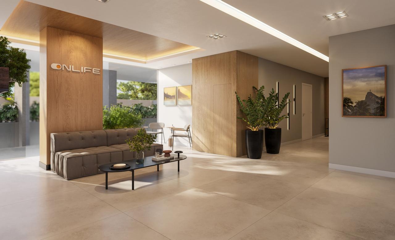 Lobby e portaria com logo ONLIFE, com marcenaria em madeira e living de espera, em Jacarepaguá, Rio de Janeiro