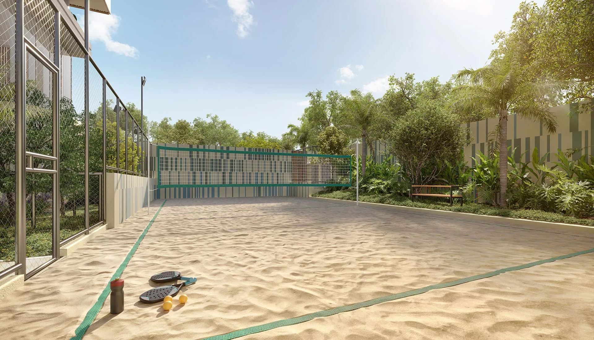 Perspectiva ilustrativa da quadra oficial de beach tennis e do pet place do Platz450, no térreo do empreendimento em Pinheiros
