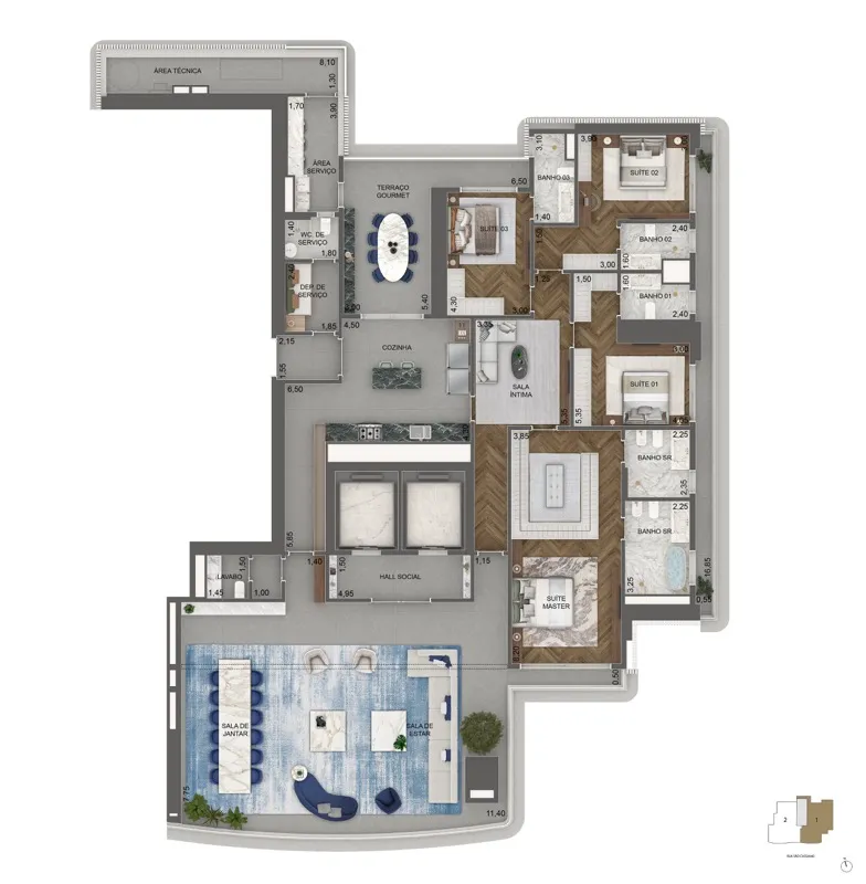 Planta padrão de apartamento de 376 m² do Vista Cyrela Furnished by Armani/Casa (3º ao 16º pavimento)