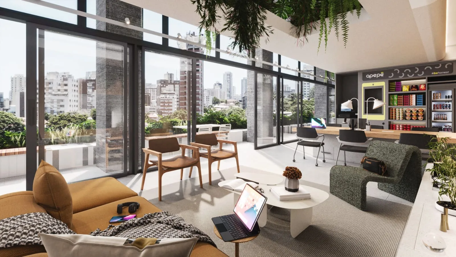 Perspectiva ilustrativa do coworking com terraço do Oliie 117, com mesas compartilhadas e área de trabalho ao ar livre