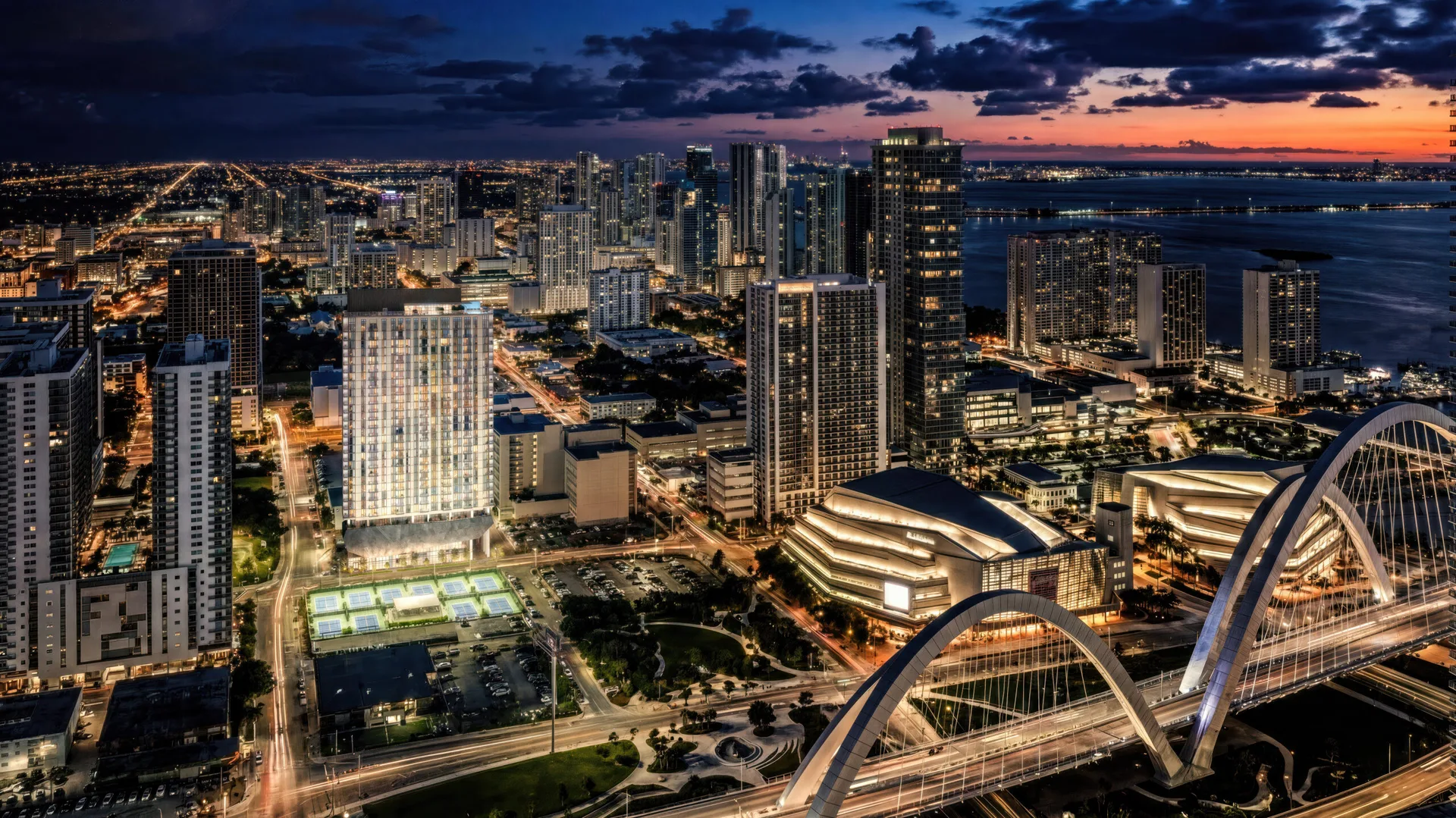 Aerial view of the 14 ROC Miami tower in Downtown Miami's Arts & Entertainment District