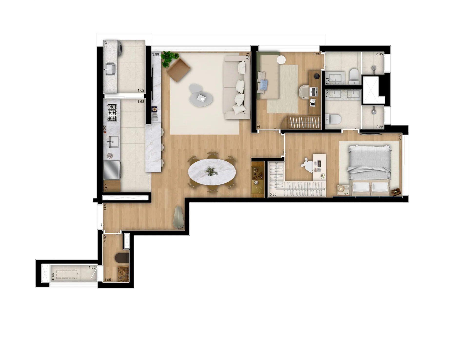 Planta oficial da tipologia A do Artur 73, apartamento de 85 m² com 2 suítes, living com pé-direito duplo e 1 vaga privativa