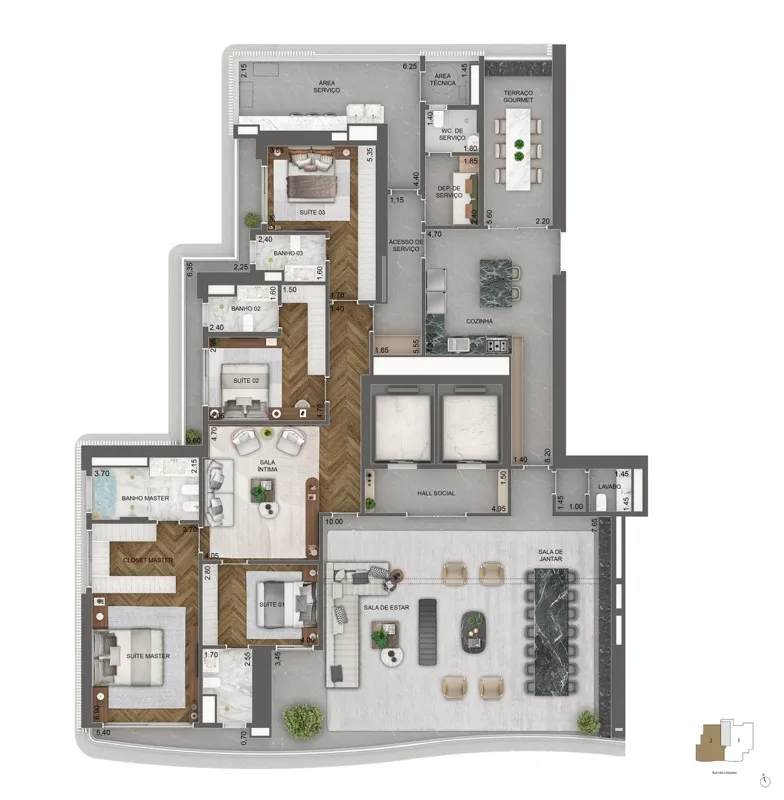 Planta padrão de apartamento de 348 m² do Vista Cyrela by Armani Casa (3º ao 16º pavimento)