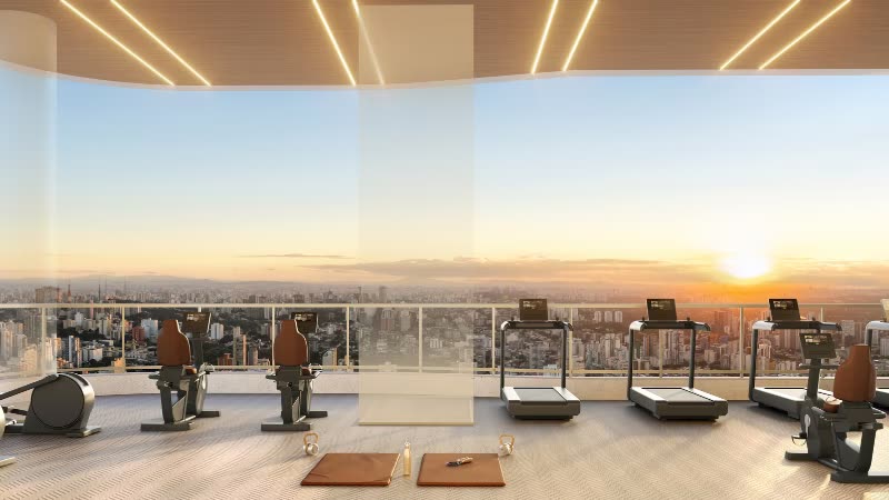 Academia panorâmica do Epic Jardim Europa, com esteiras voltadas para a cidade