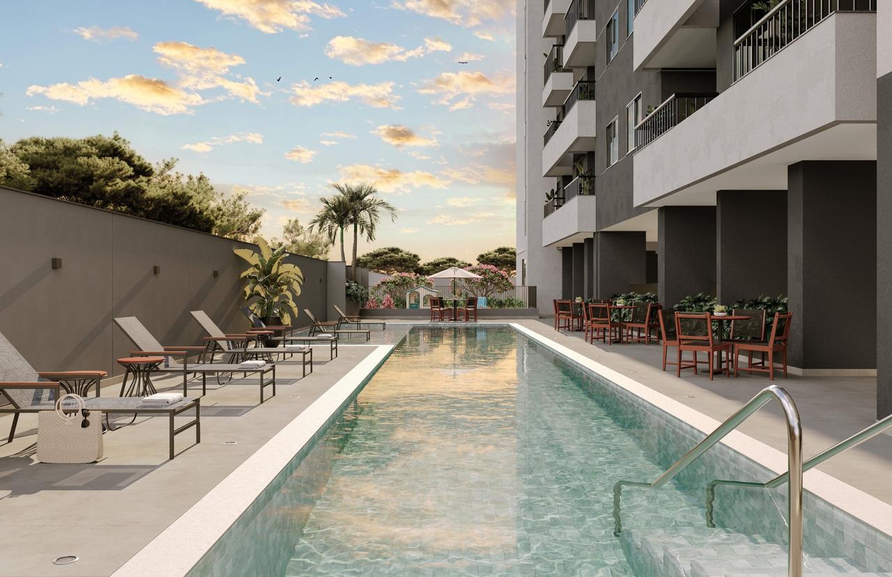 Piscina raia com deck, espreguiçadeiras e bar da piscina do ONLIFE, em Jacarepaguá, Rio de Janeiro