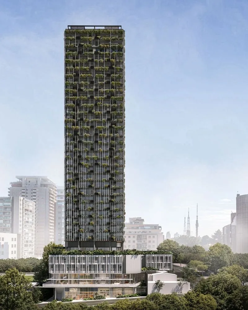 Perspectiva da elevação da torre do Oscar 2525, edifício de 33 pavimentos com volumetria vertical e varandas contínuas sobre o skyline de São Paulo