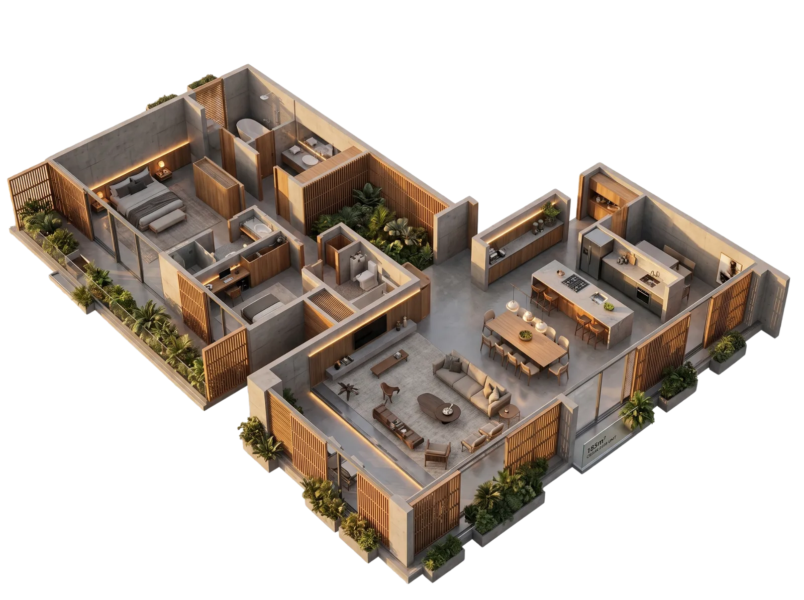 Planta da tipologia Family de 185 m² do Oscar 2525, com 3 suítes, hall privativo de entrada, living amplo e 2 vagas