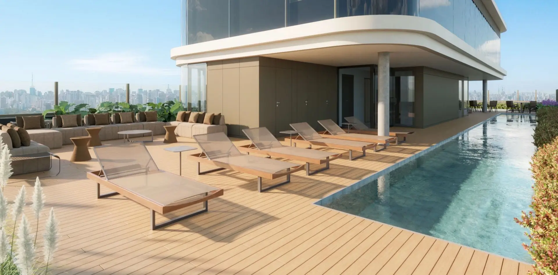 Perspectiva artística da piscina adulto com raia de 25 metros do Bioarq Pinheiros, no lazer elevado, com deck, espreguiçadeiras e vista aberta sobre Pinheiros