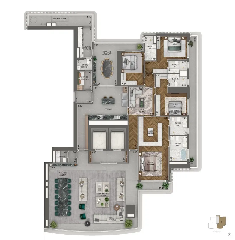 Planta padrão de apartamento de 395 m² com 4 suítes do Vista Cyrela by Armani (17º ao 45º pavimento)