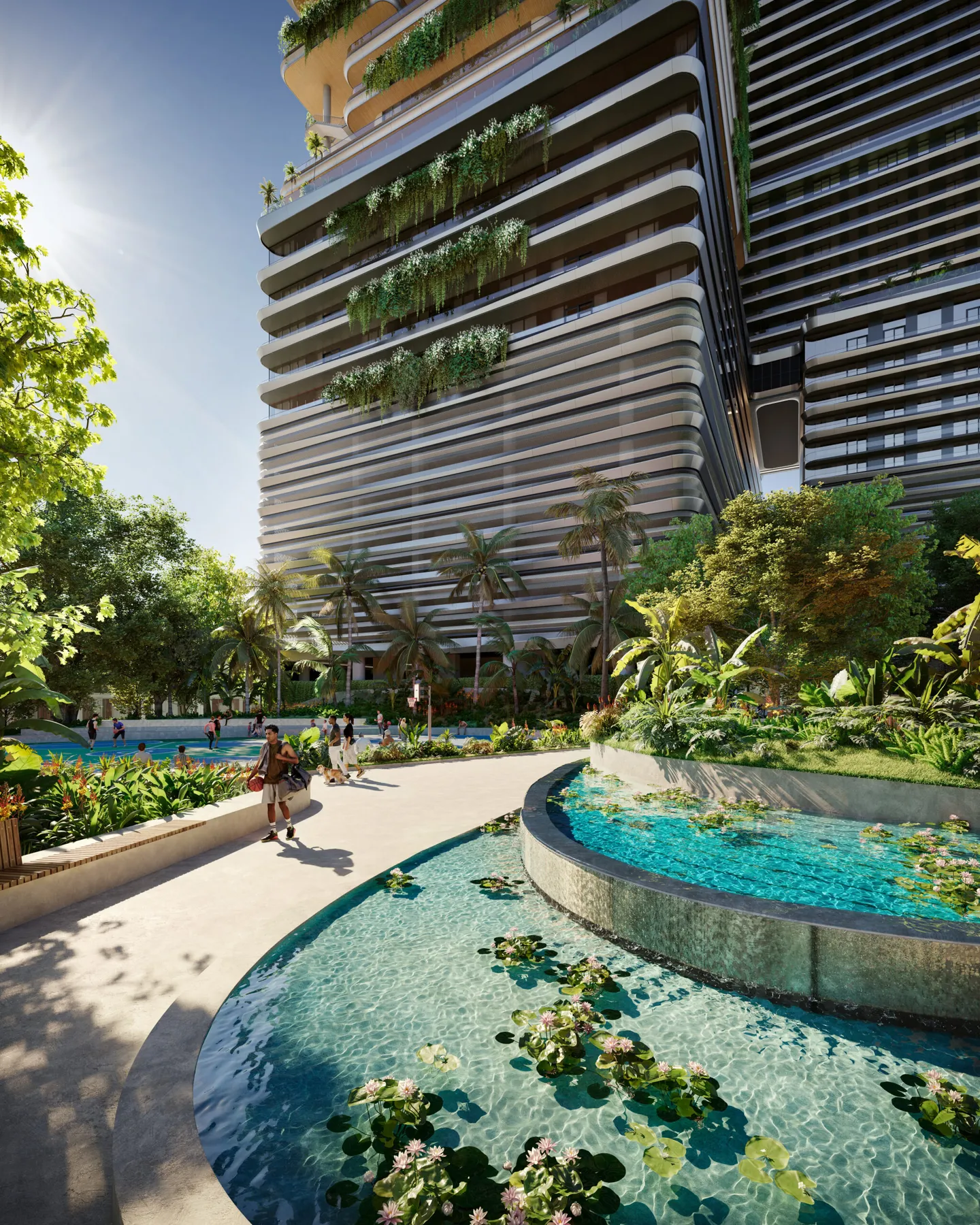 Water garden and landscaped park integrated into Mercedes-Benz Places Brickell