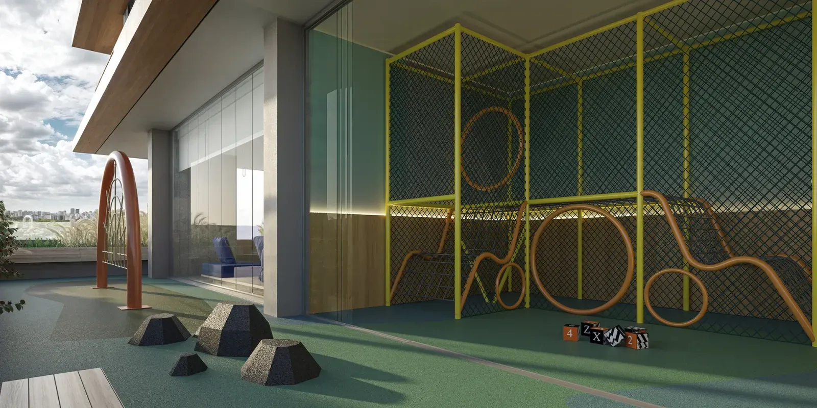Playground infantil do VISAR Jardim Europa, com brinquedos e piso emborrachado