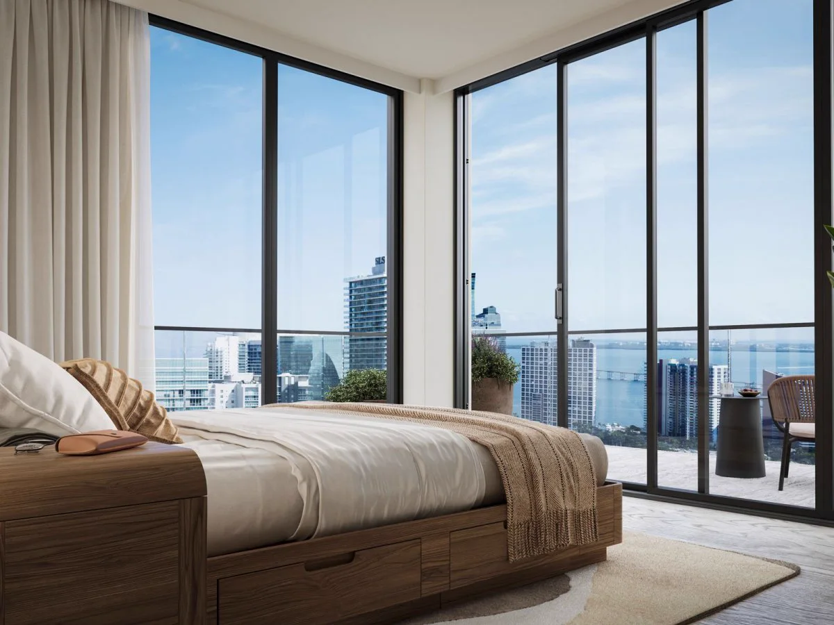 Bedroom and private balcony at Domus Brickell Center