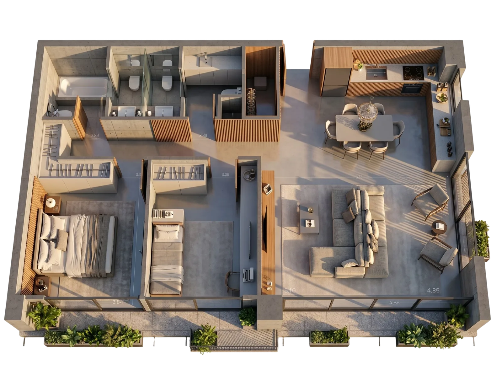 Planta da tipologia Flex de 92 m² do Oscar 2525, com suíte master com closet, living ampliado e 1 vaga