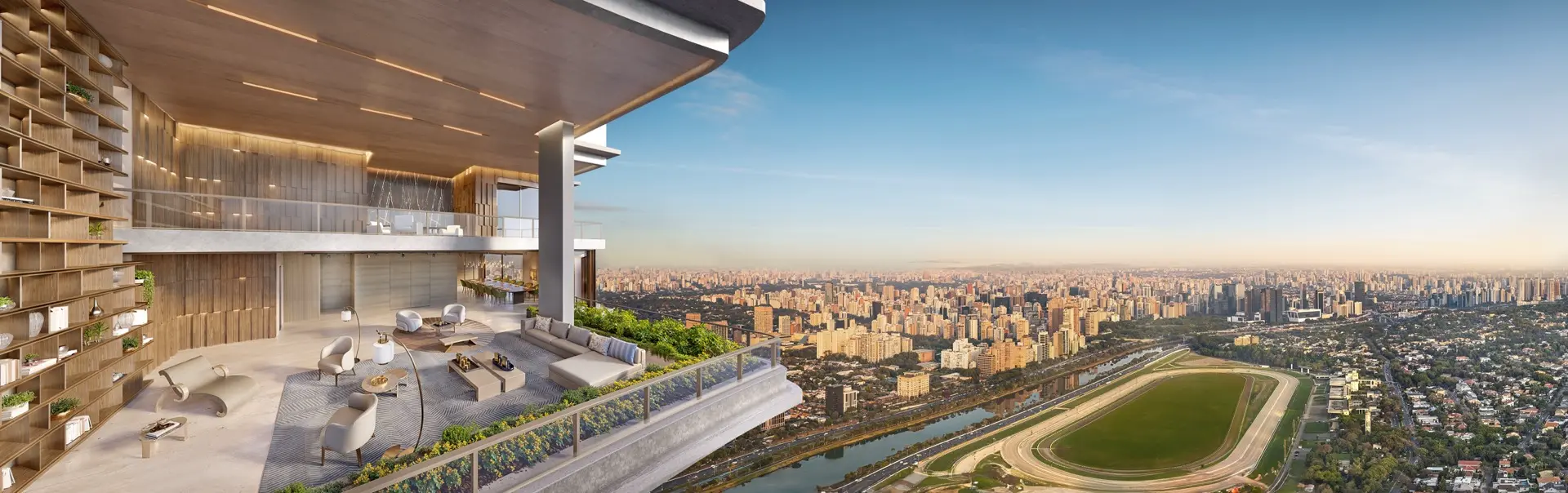 Terraço panorâmico com vista para o Jockey Club no Vista Cyrela by Armani em São Paulo