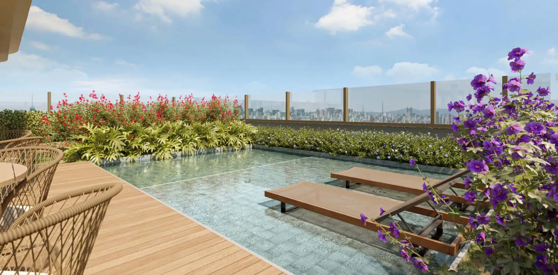 Perspectiva artística da piscina infantil com prainha do Bioarq Pinheiros, com borda rasa em declive suave e paisagismo ao redor
