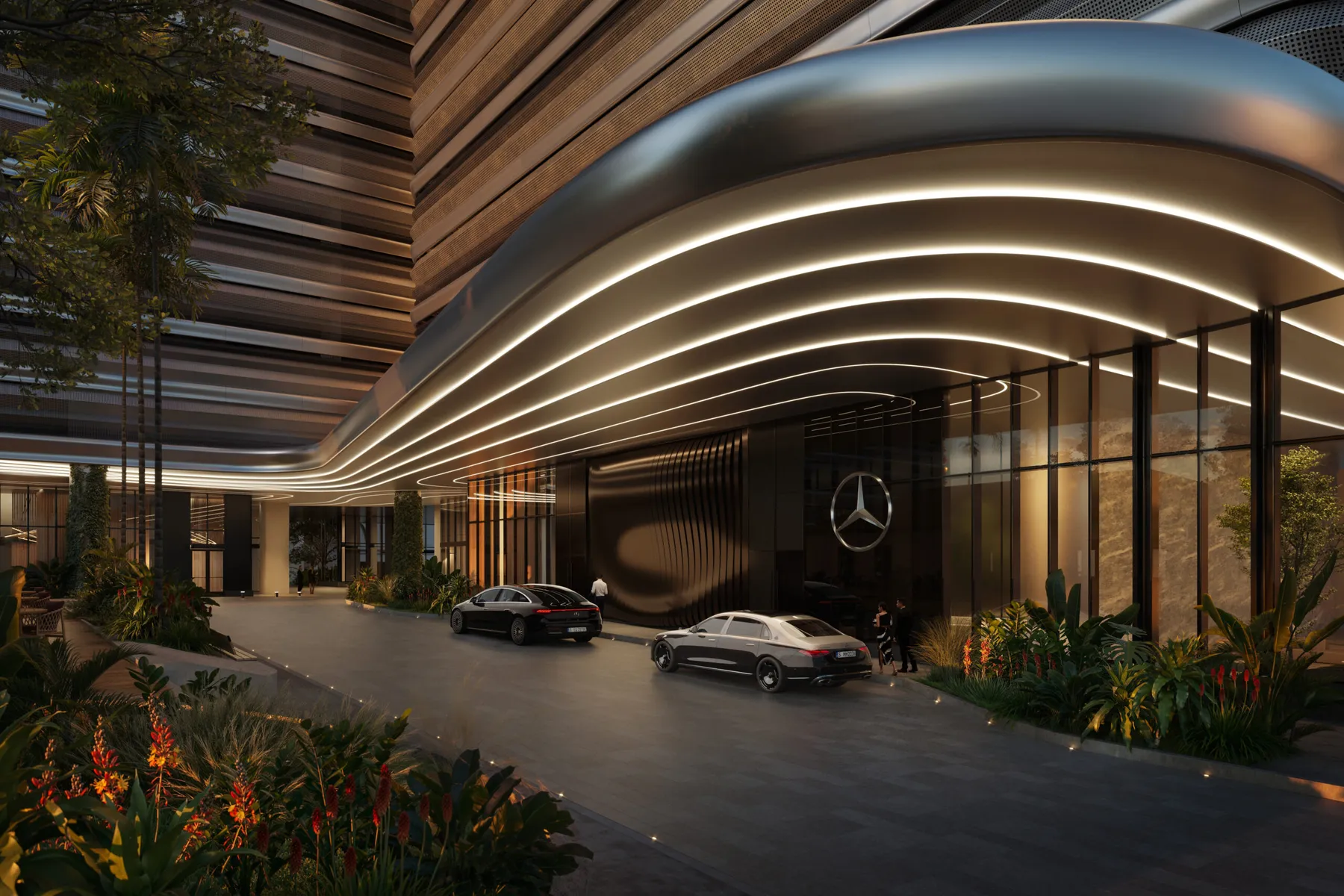 Porte cochère arrival at Mercedes-Benz Places Miami at golden hour