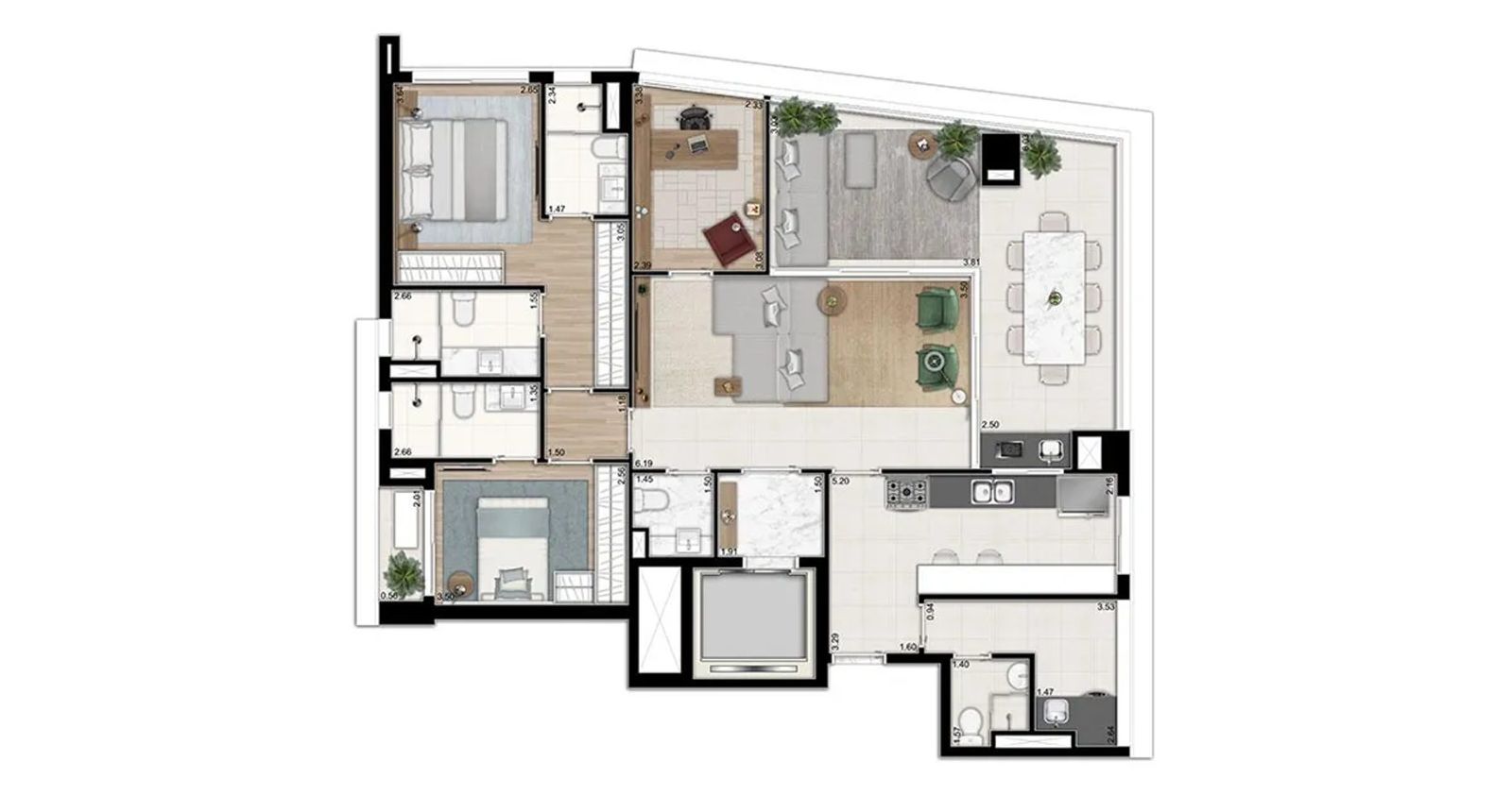 Planta de apartamento de 142 m² do Oscar Itaim, com 2 suítes e living amplo