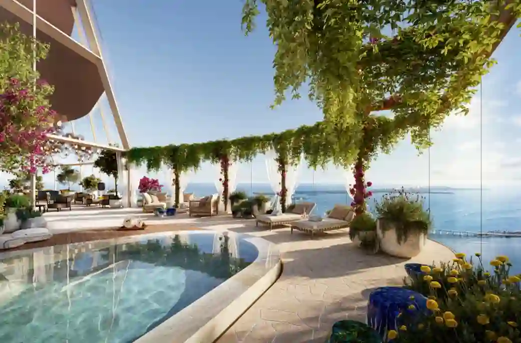 Skyline pool deck at 1428 Brickell overlooking Biscayne Bay and the Miami skyline