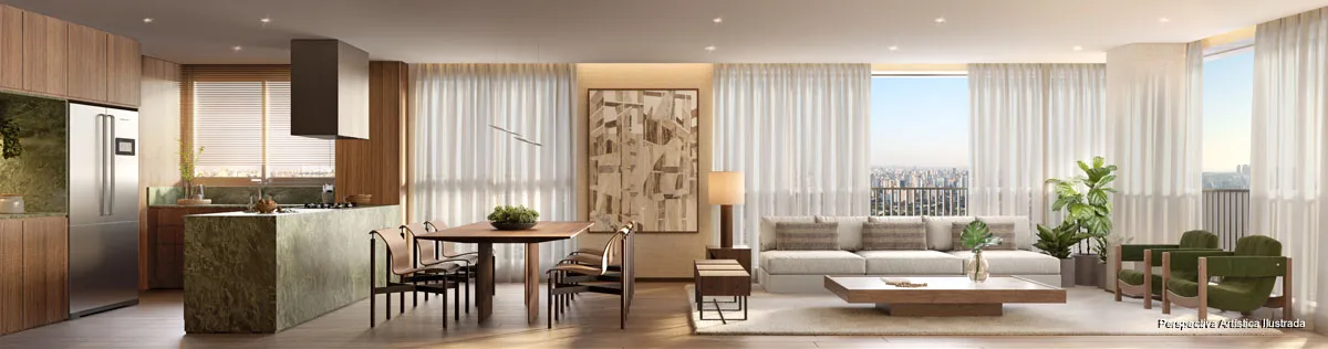 Perspectiva ilustrativa do living ampliado do apartamento de 121 m² de 3 suítes do 1800 Oscar Pinheiros, com decoração do Triplex Arquitetura