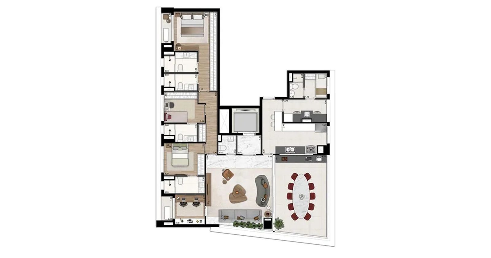 Planta de apartamento de 185 m² do Oscar Itaim, com 4 suítes e depósito privativo