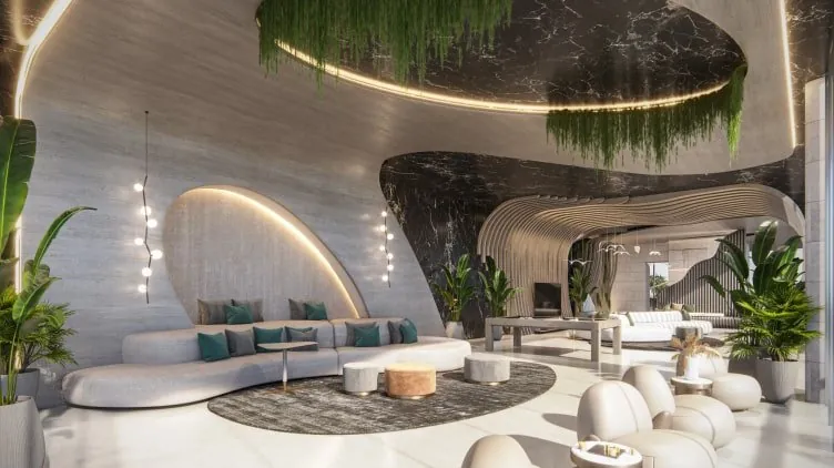 Sky lounge seating area of the Aria Reserve SkyClub with bay views
