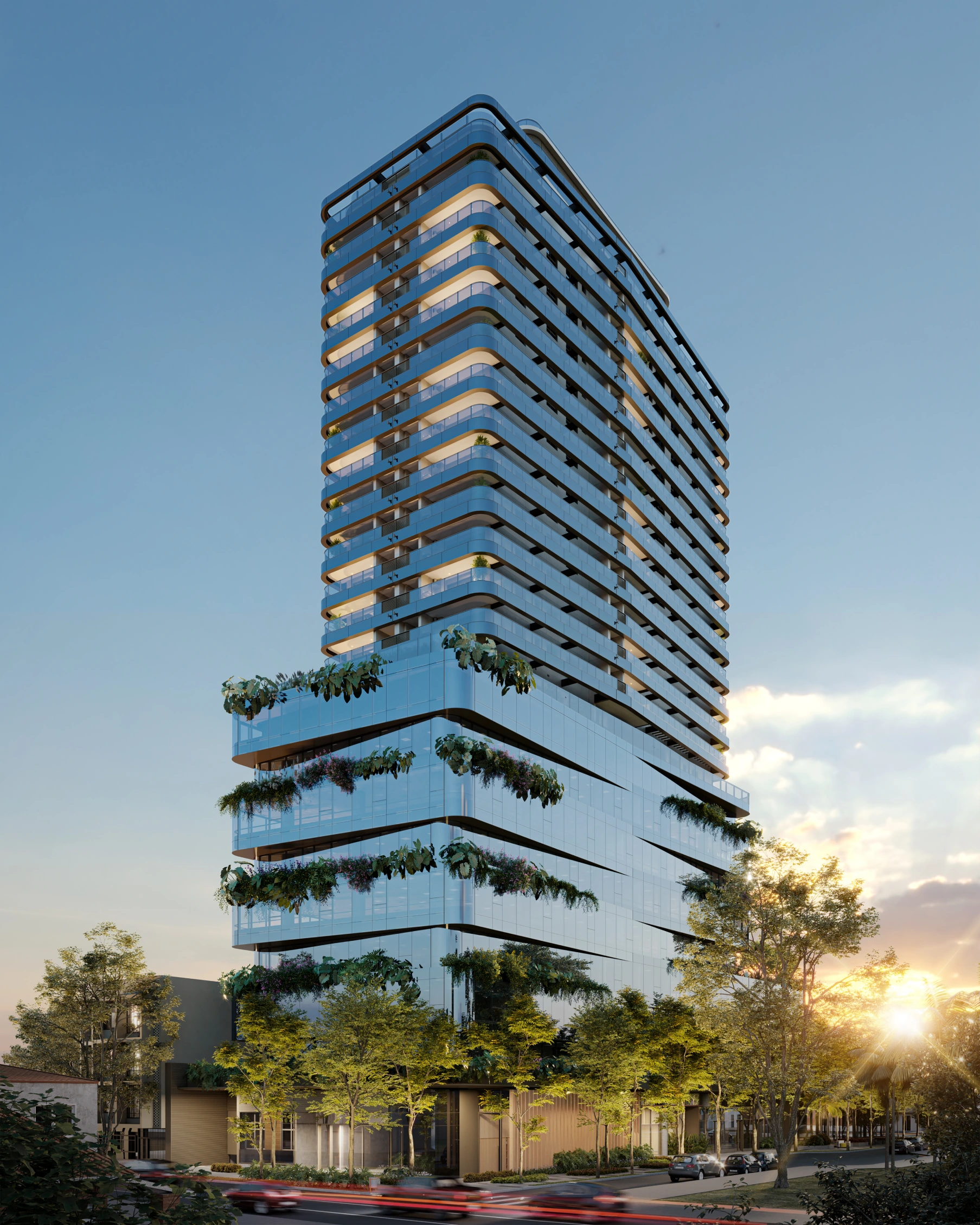 Perspectiva artística da fachada do Bioarq Pinheiros vista da Rua dos Pinheiros: torre única biofílica com vegetação densa nas varandas e lojas no térreo