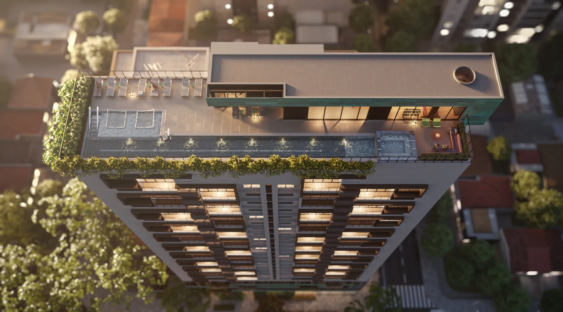 Perspectiva ilustrativa em voo de pássaro do Artur 73, mostrando o rooftop com piscina de 25 metros e a implantação da torre no miolo residencial de Pinheiros