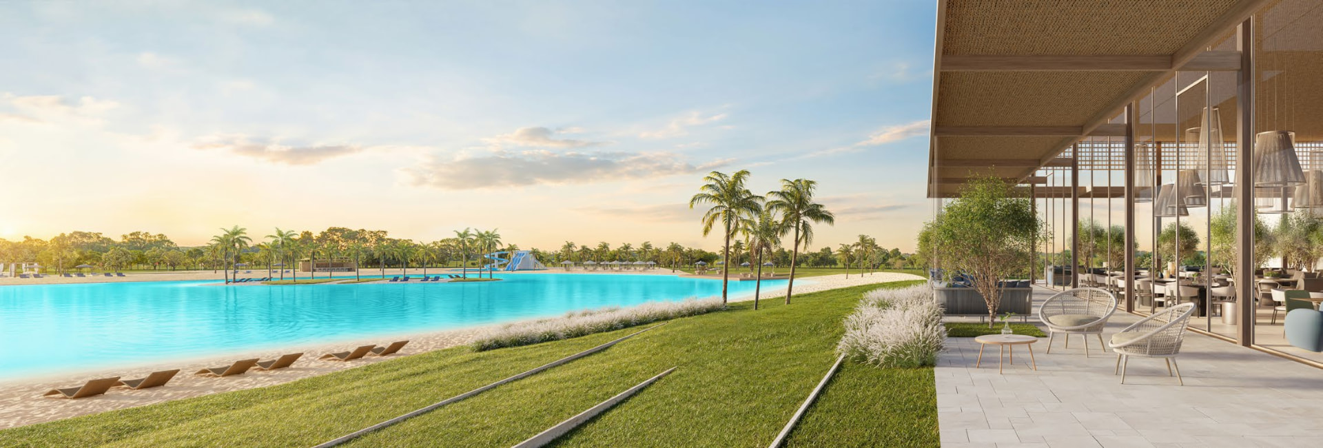 Clubhouse do Heritage Riviera Porto Feliz debruçado na lagoa, com terraço e praia de areia branca