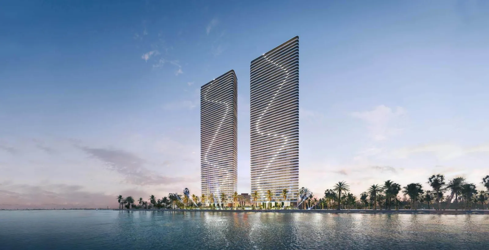 Aria Reserve Miami twin towers at dusk on the Biscayne Bay waterfront in Edgewater, Miami