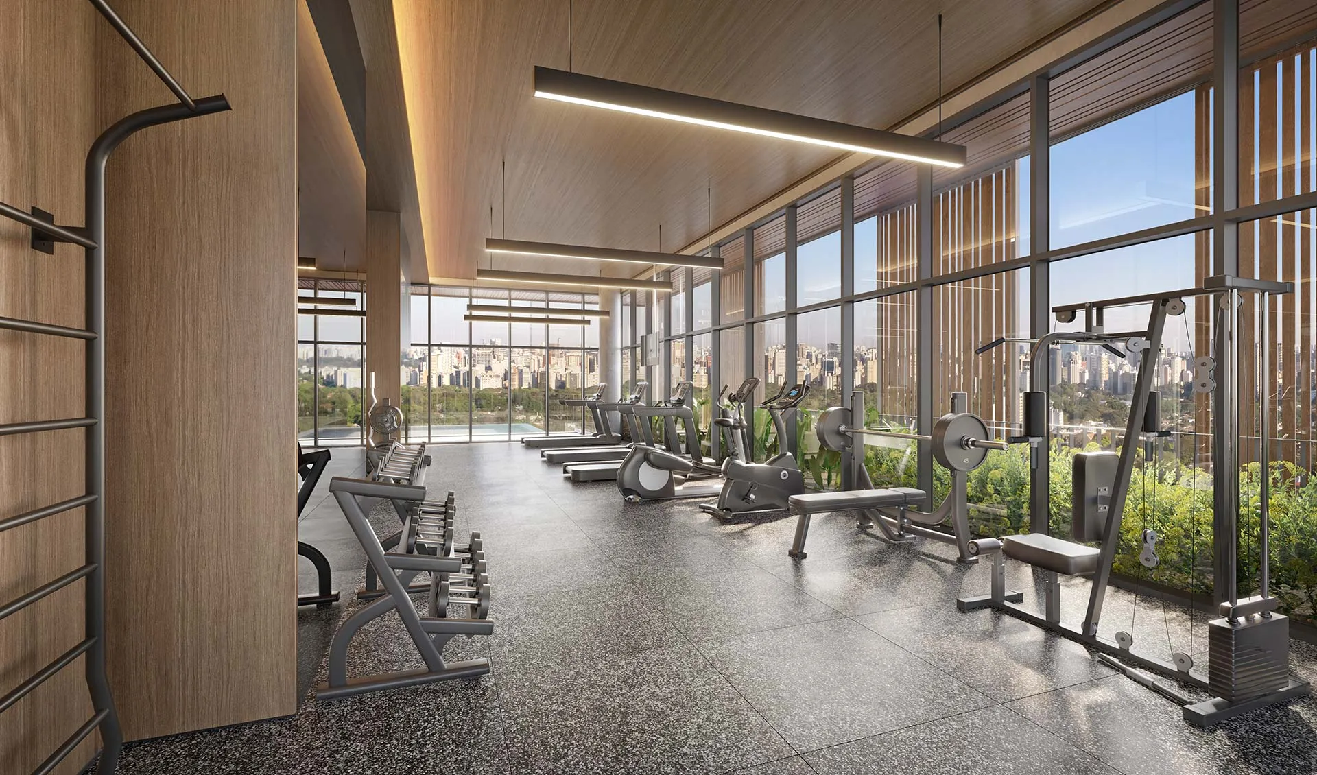 Perspectiva ilustrativa da academia do Platz450, com equipamentos de musculação e cardio e área de fitness externa no rooftop