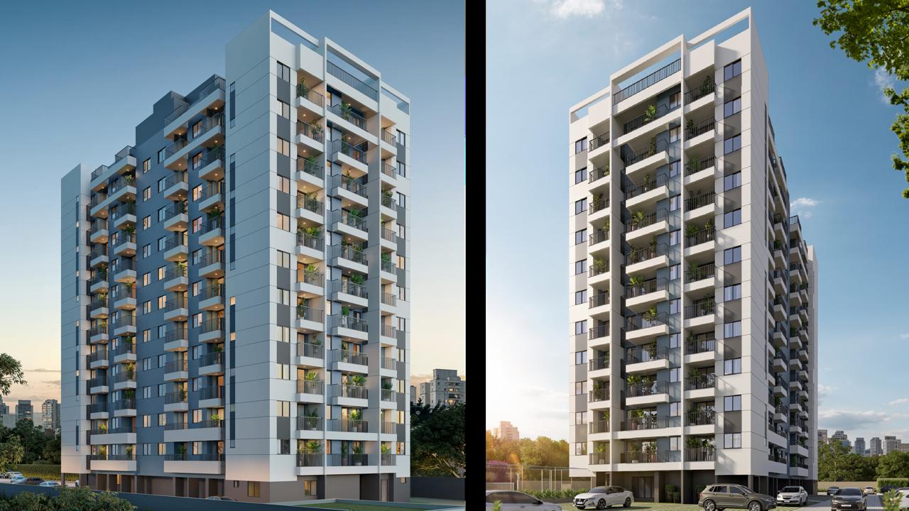 Fachada das torres do ONLIFE, empreendimento FORTIER na Estrada dos Bandeirantes, Jacarepaguá, Rio de Janeiro