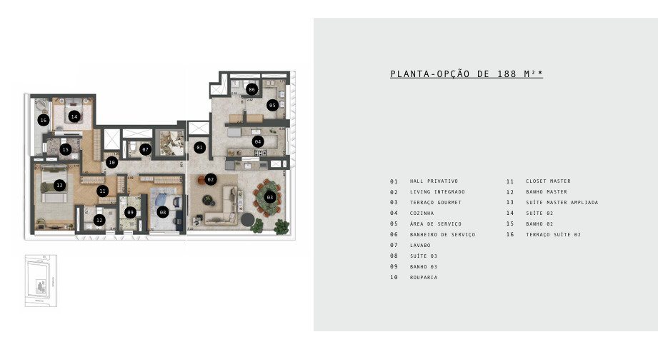 Planta de apartamento do Autór Jardins com opção de layout, do material oficial
