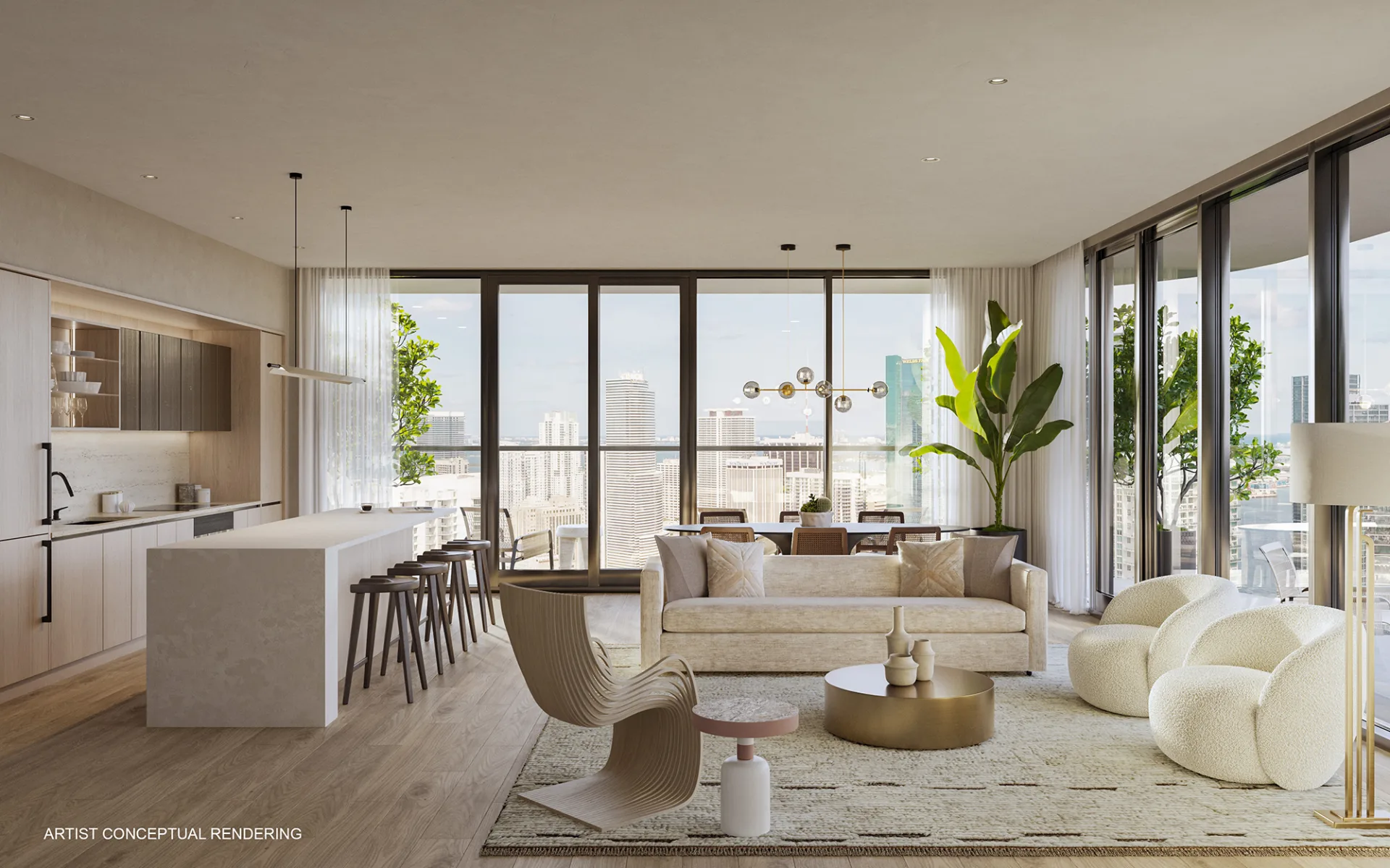 Living room of a penthouse at LOFTY Brickell furnished by Artefacto