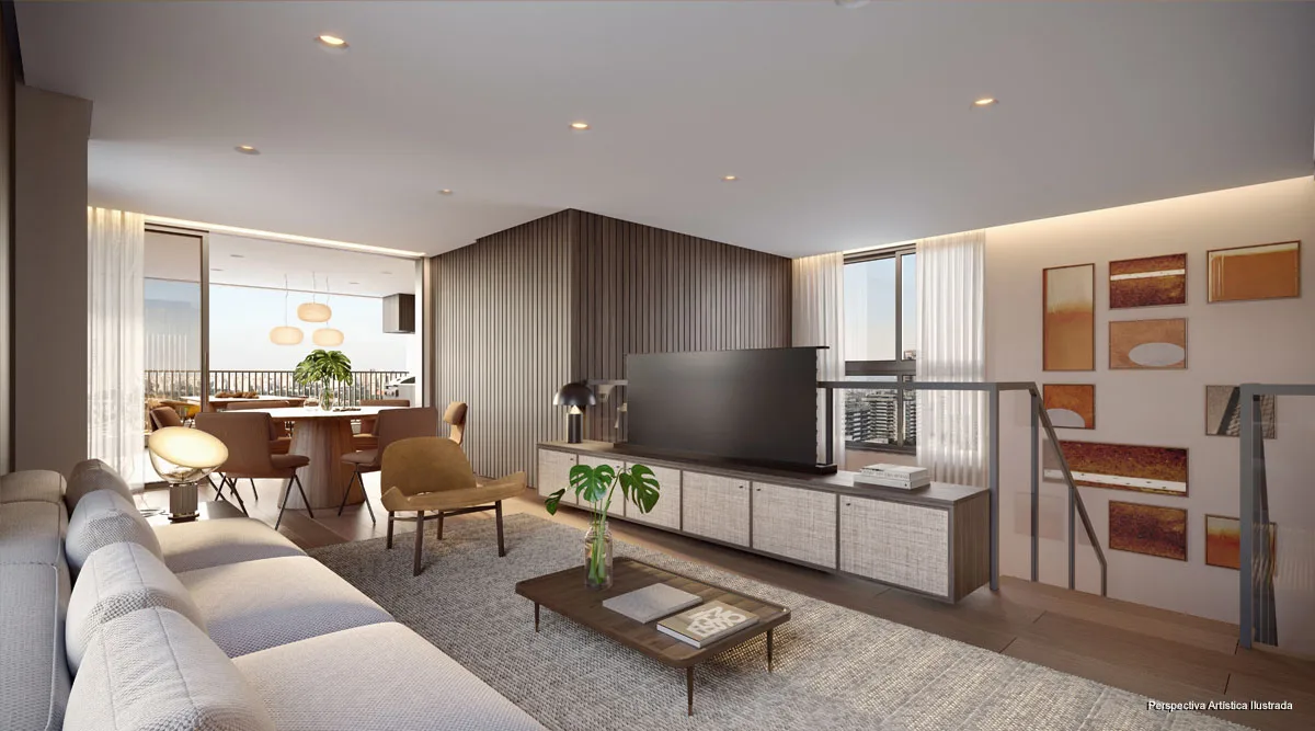 Perspectiva ilustrativa do living do apartamento duplex do 1800 Oscar Pinheiros, a maior metragem do empreendimento, em dois pavimentos